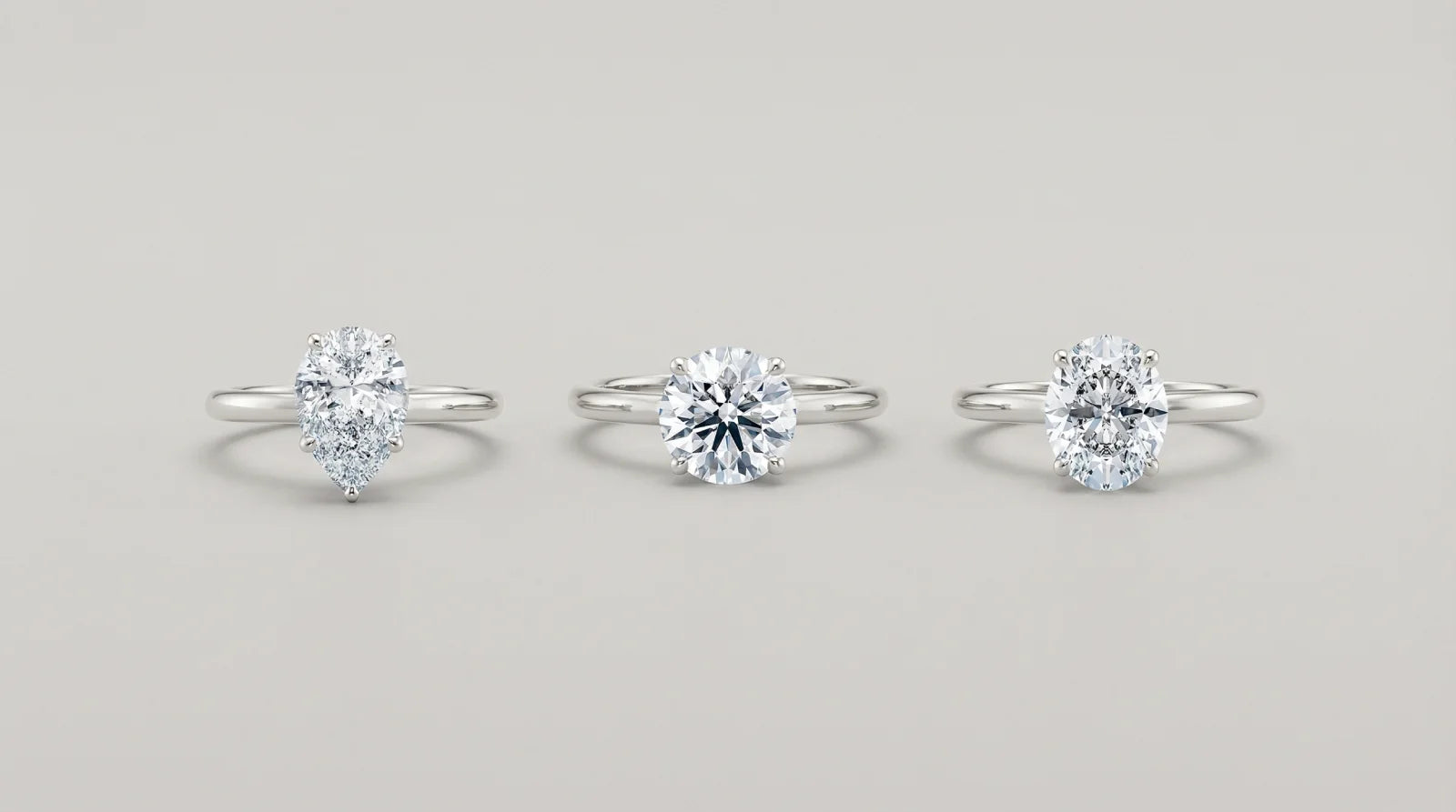 Lab diamant ring i ulike former – pear, rund briljant og oval i hvitt gull